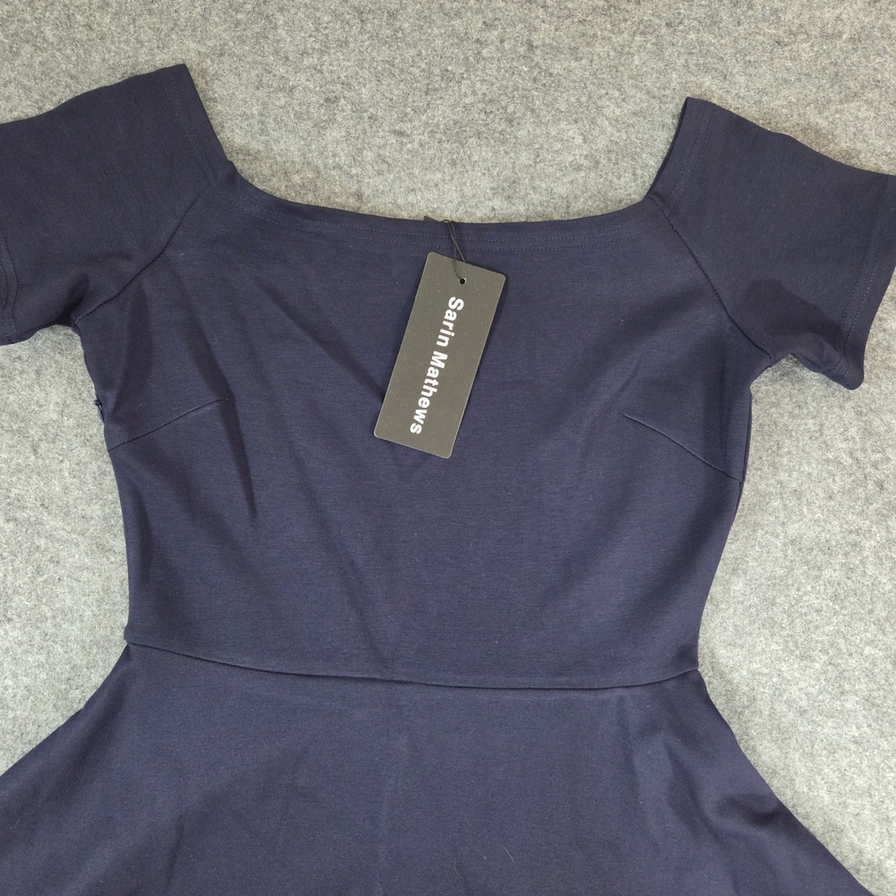 Sarin Mathews Navy Off Shoulder High Low Fit Flare Cocktail Dress Small NWT - Picture 2 of 7